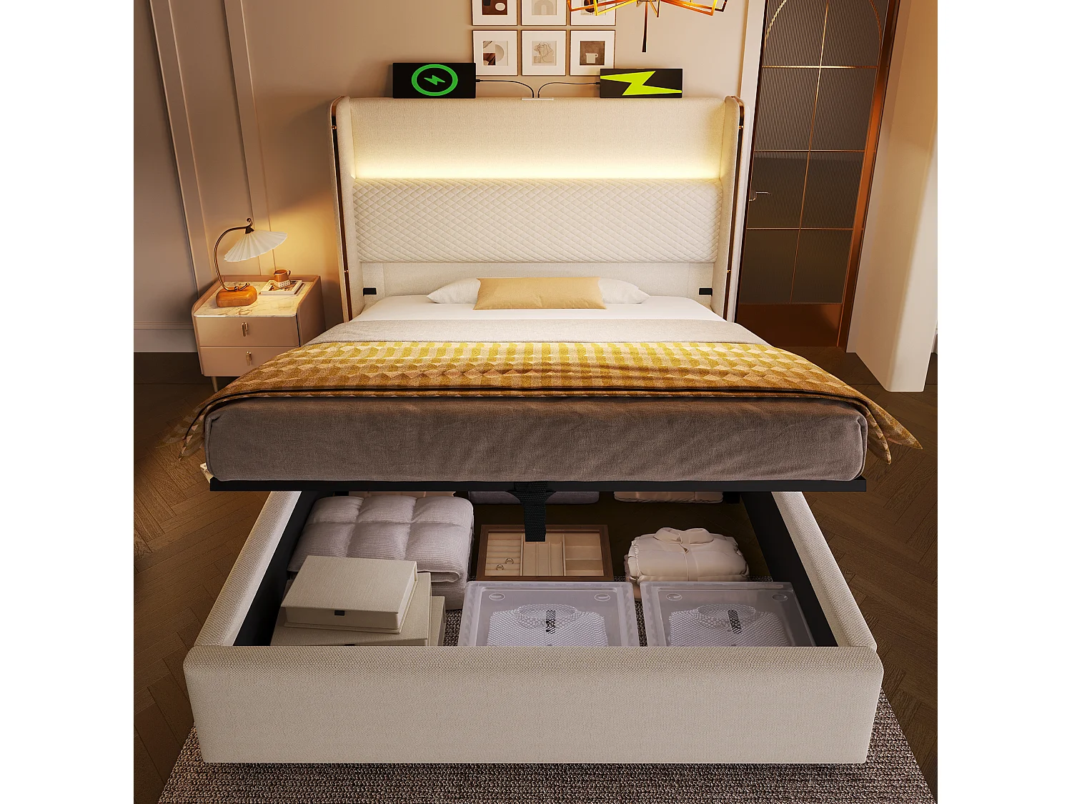 Lit à rangement hydraulique 90x200 cm avec tête haute, LED, USB/Type-C, tissu lin beige (Avec matelas)