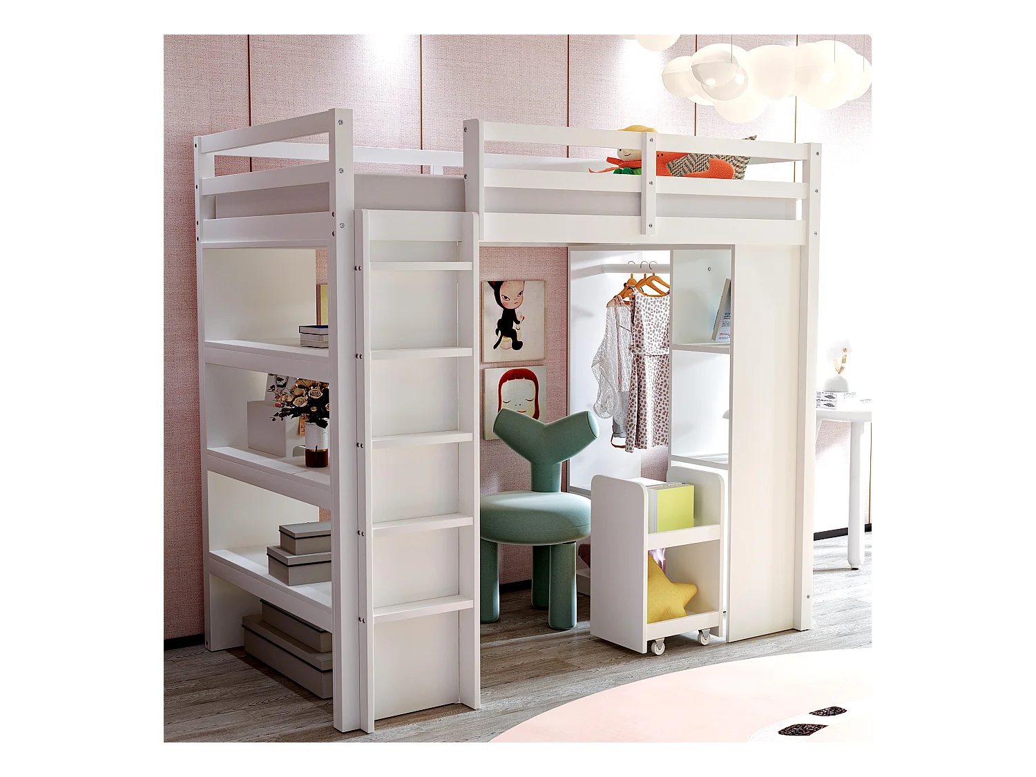 Lit mezzanine enfant 90x200 cm, étagères multiples, penderie simple et rangement, chariot amovible, lit junior simple, blanc