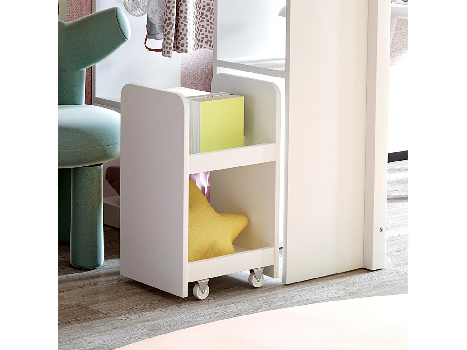 Lit mezzanine enfant 90x200 cm, étagères multiples, penderie simple et rangement, chariot amovible, lit junior simple, blanc