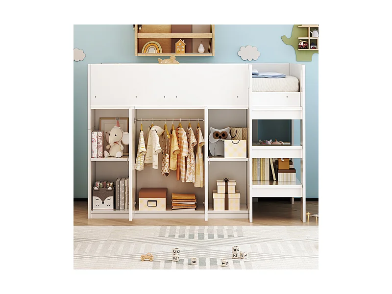 Lit mezzanine multifonction 90x200 cm, bois massif, échelle et tiroirs, armoire et étagères, lit enfant stable, blanc