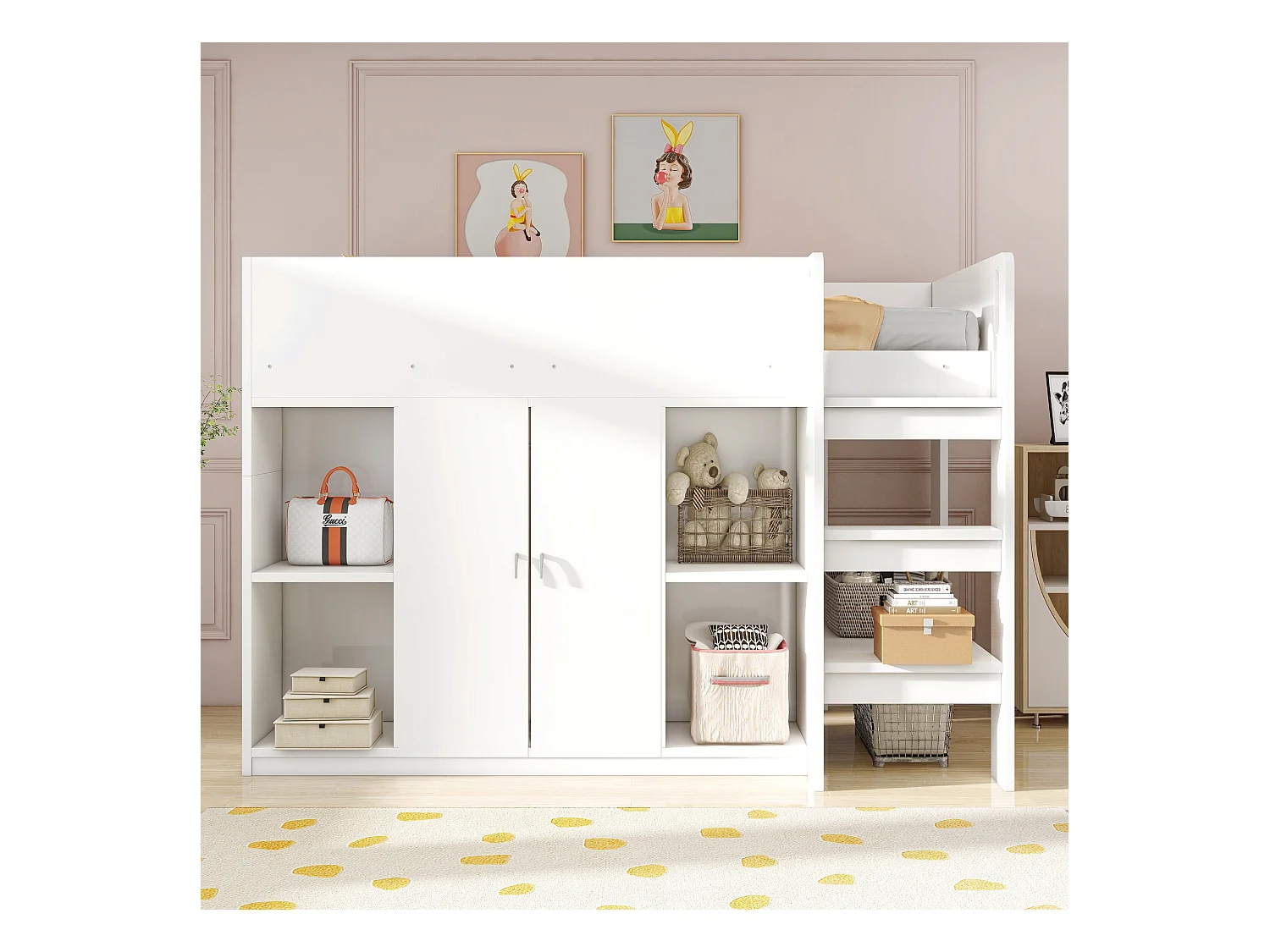 Lit mezzanine multifonction 90x200 cm, bois massif, échelle et tiroirs, armoire et étagères, lit enfant stable, blanc