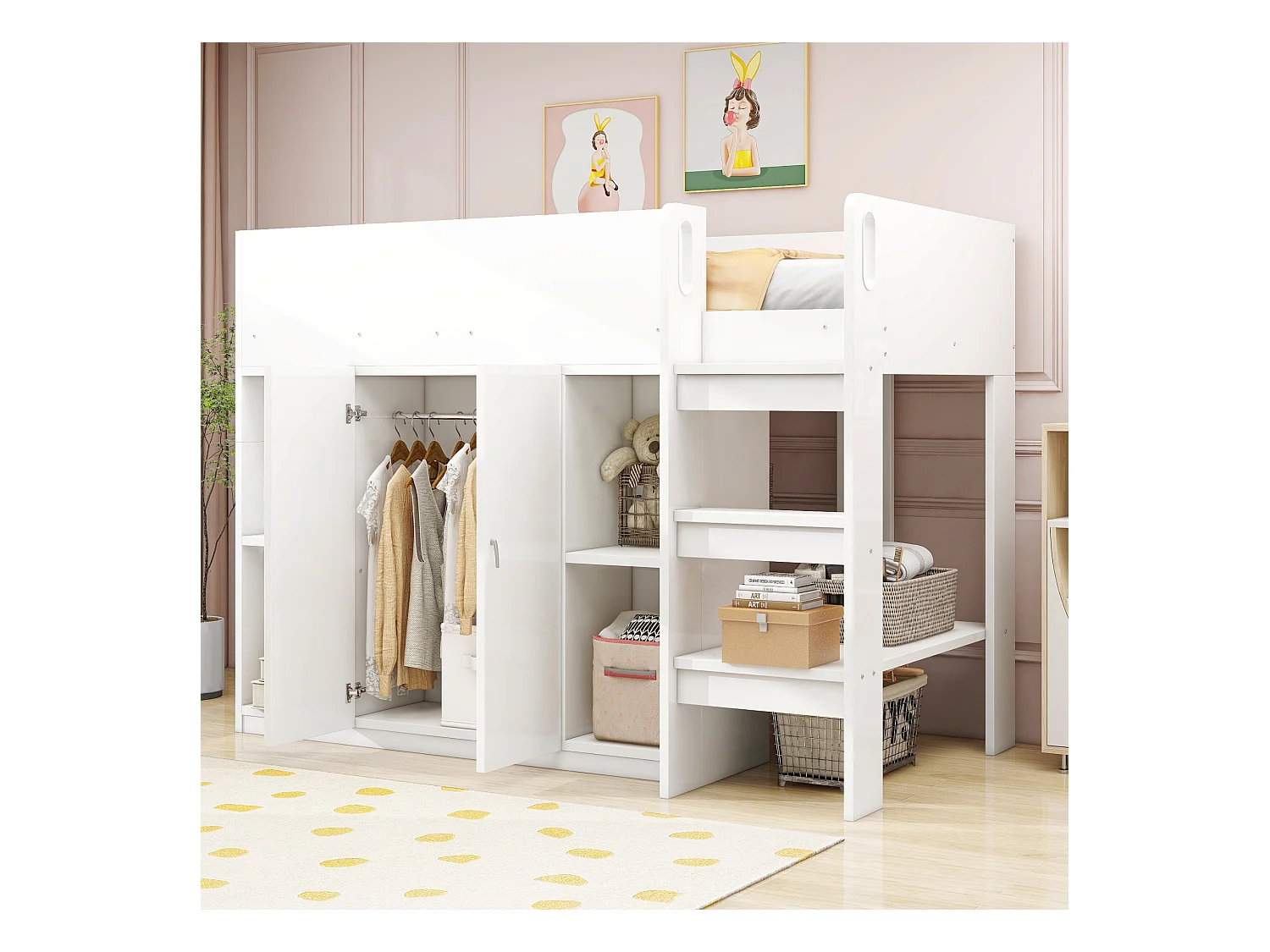 Lit mezzanine multifonction 90x200 cm, bois massif, échelle et tiroirs, armoire et étagères, lit enfant stable, blanc