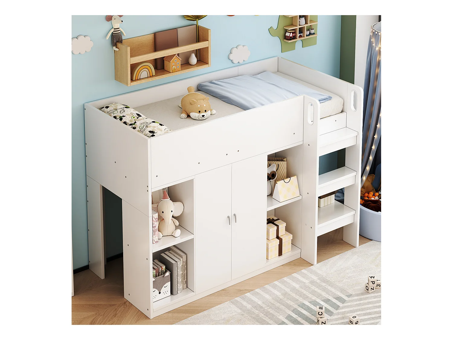 Lit mezzanine multifonction 90x200 cm, bois massif, échelle et tiroirs, armoire et étagères, lit enfant stable, blanc