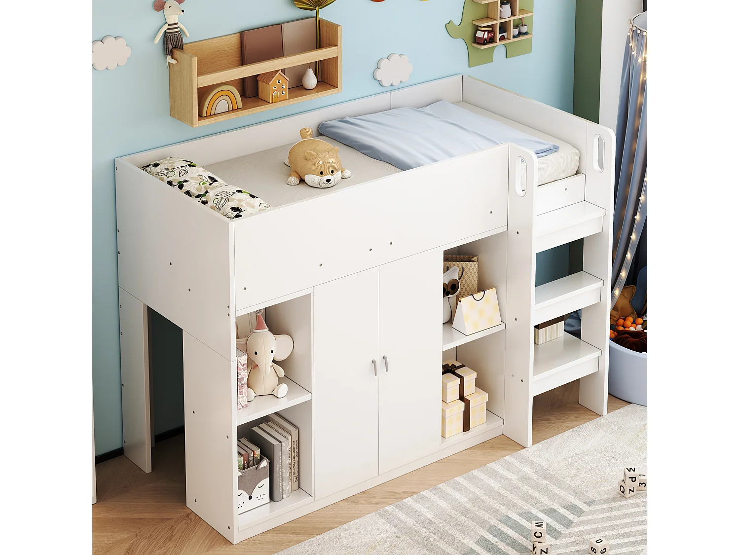 Lit mezzanine multifonction 90x200 cm, bois massif, échelle et tiroirs, armoire et étagères, lit enfant stable, blanc