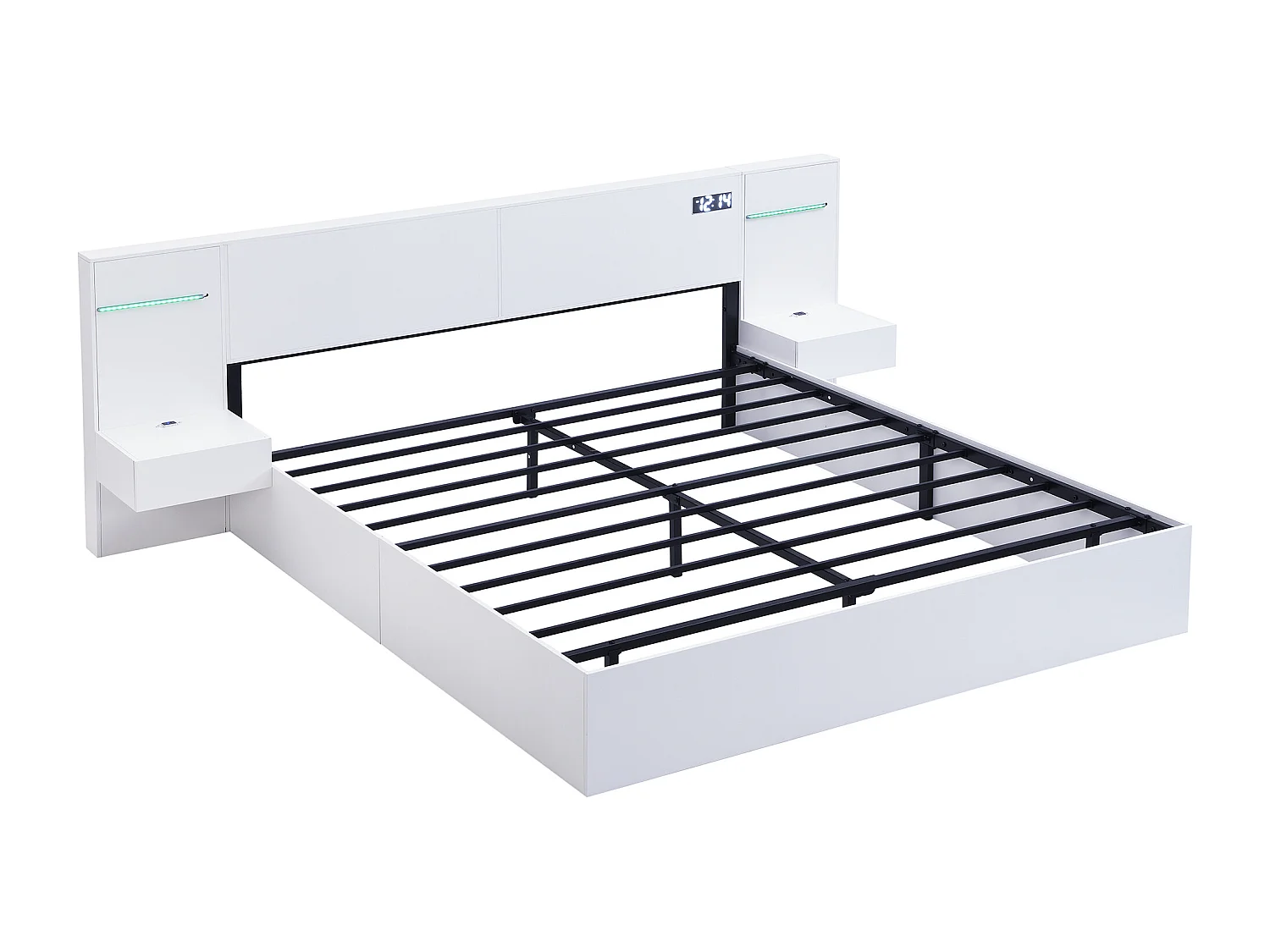 Lit double 160×200 cm blanc, bois, avec port USB, horloge intégrée, LED multicolores, haut-parleurs Bluetooth, 2 tables de nuit