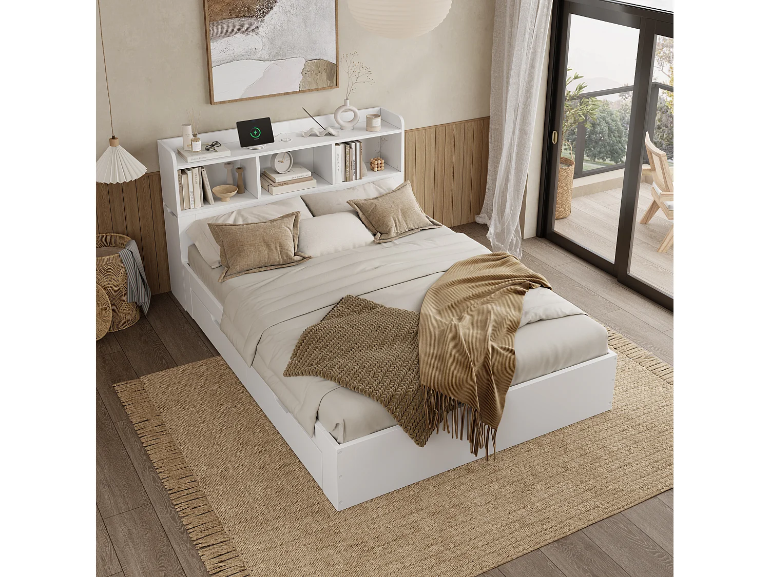 Lit double 140×200 cm blanc, bois, avec sommier, tête de lit, tables de chevet coulissantes et chargeur sans fil