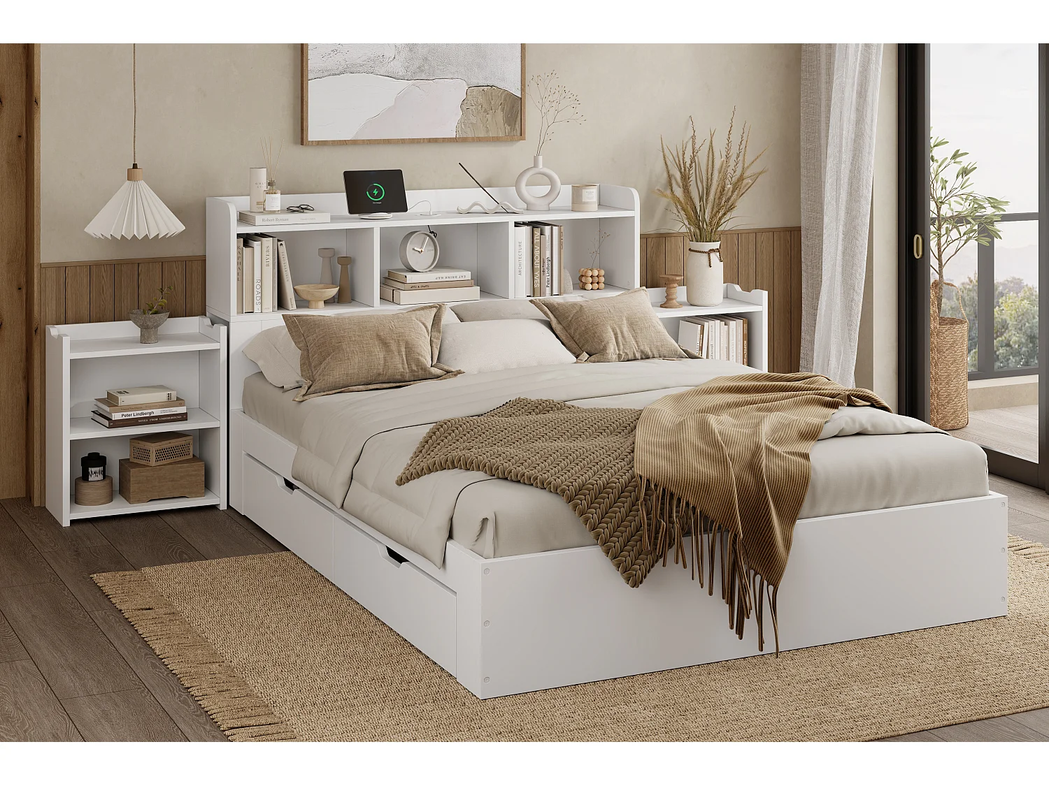 Lit double 140×200 cm blanc, bois, avec sommier, tête de lit, tables de chevet coulissantes et chargeur sans fil