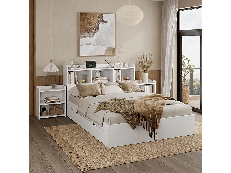 Lit double 140×200 cm blanc, bois, avec sommier, tête de lit, tables de chevet coulissantes et chargeur sans fil