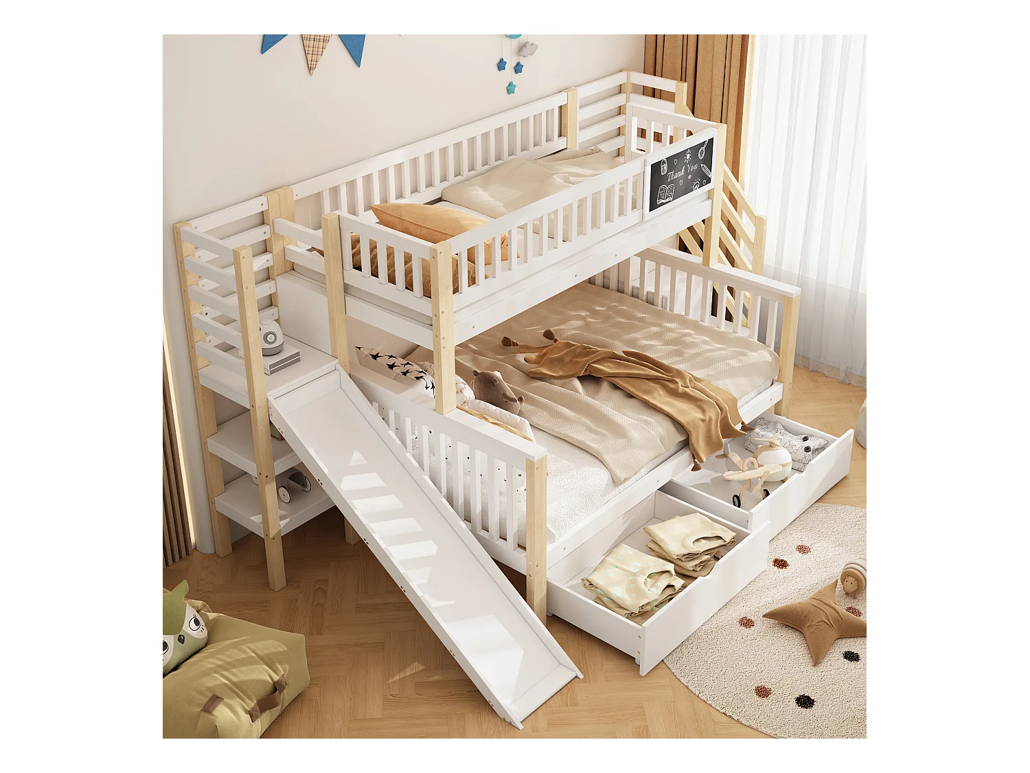 Lit cabane superposé enfant 140×200 cm + 90×200 cm blanc, avec toboggan, armoire, escaliers et petit tableau