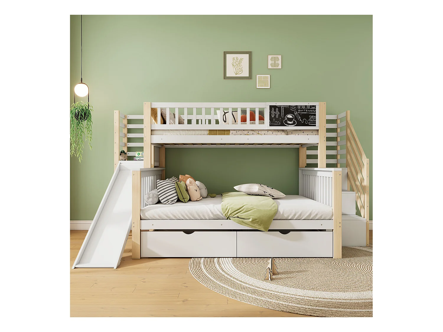 Lit cabane superposé enfant 140×200 cm + 90×200 cm blanc, avec toboggan, armoire, escaliers et petit tableau