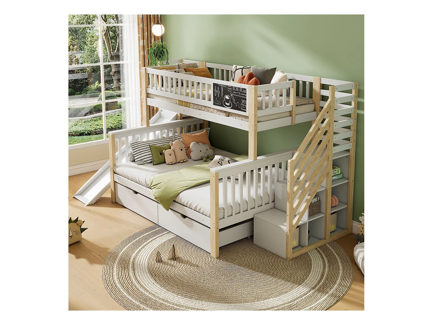 Lit cabane superposé enfant 140×200 cm + 90×200 cm blanc, avec toboggan, armoire, escaliers et petit tableau