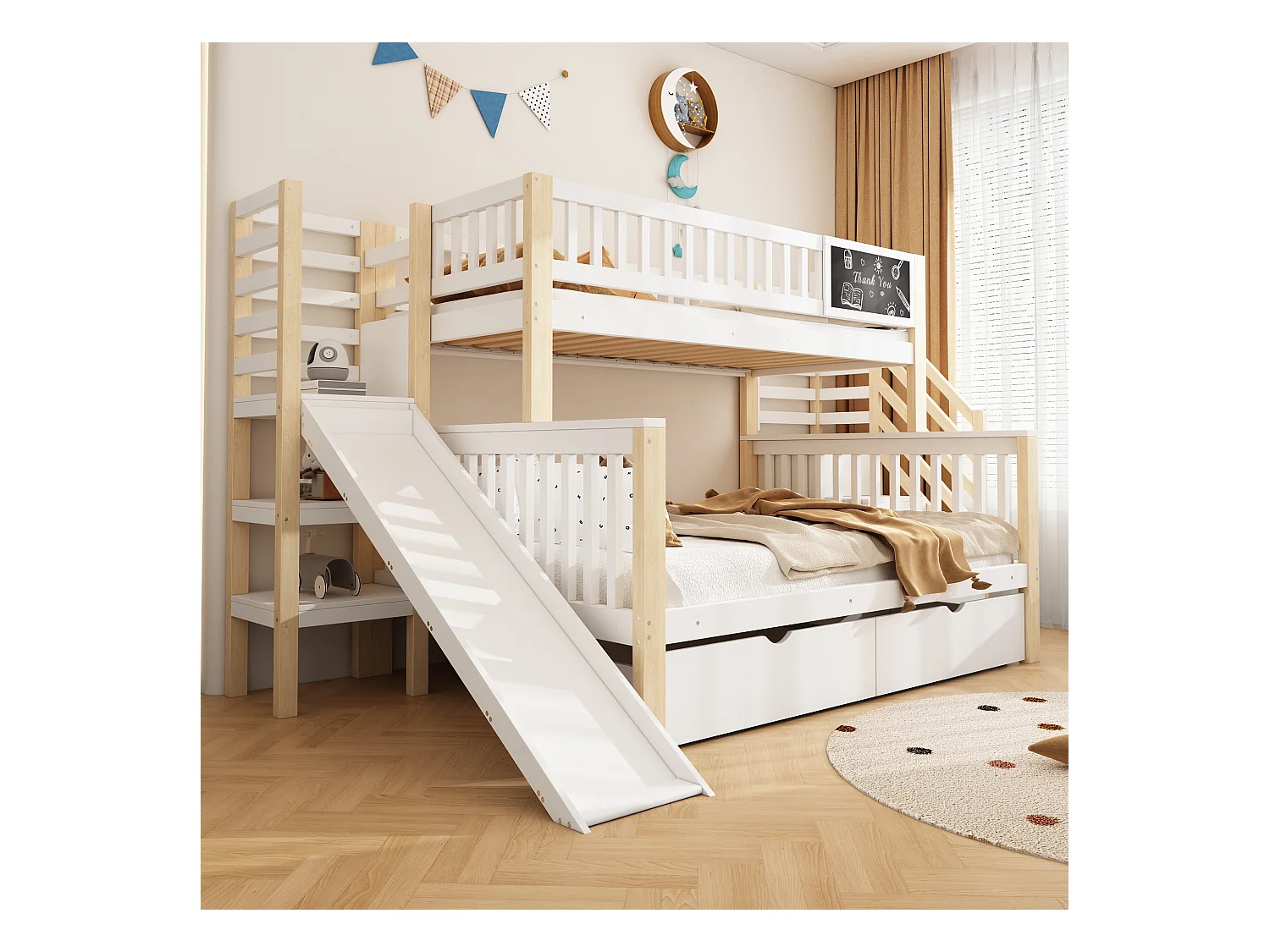 Lit cabane superposé enfant 140×200 cm + 90×200 cm blanc, avec toboggan, armoire, escaliers et petit tableau