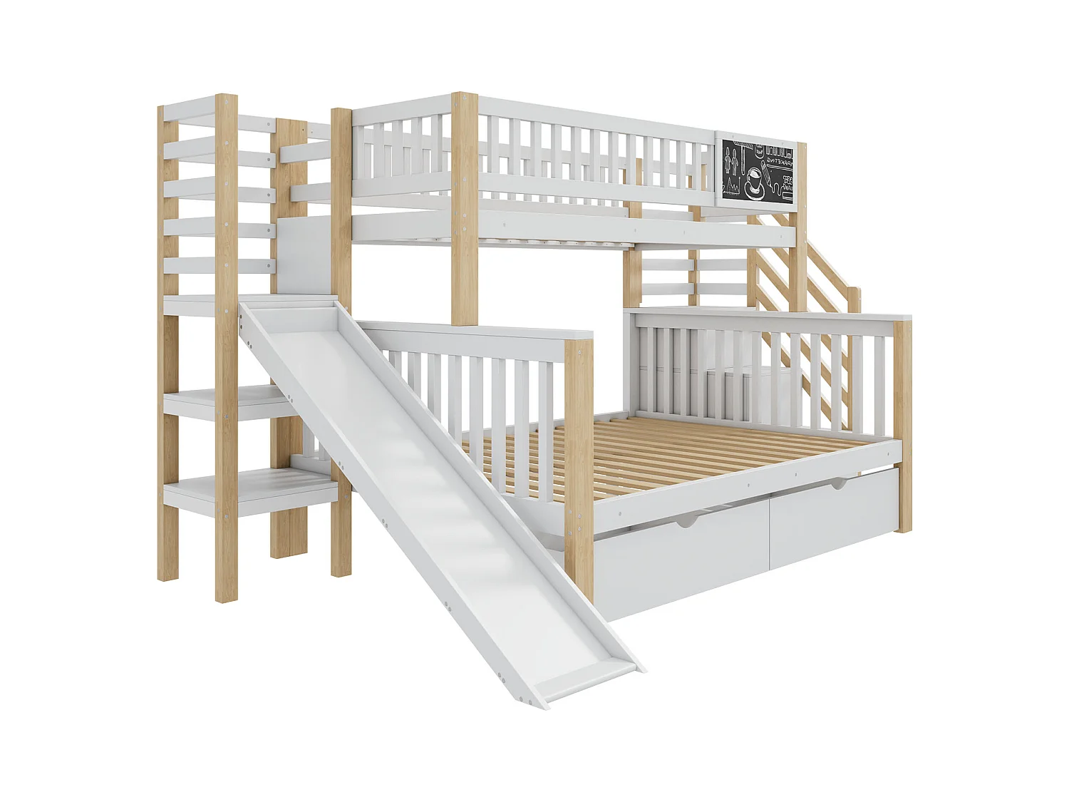 Lit cabane superposé enfant 140×200 cm + 90×200 cm blanc, avec toboggan, armoire, escaliers et petit tableau