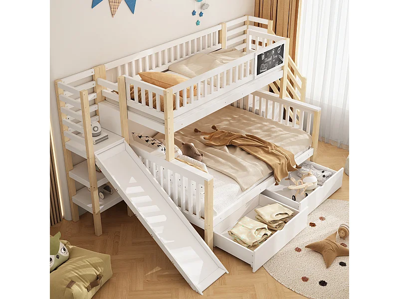 Lit cabane superposé enfant 140×200 cm + 90×200 cm blanc, avec toboggan, armoire, escaliers et petit tableau