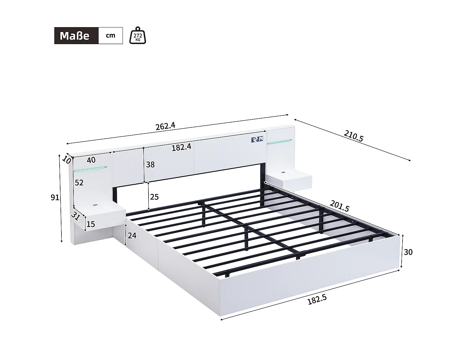 Lit double 180×200 cm blanc, bois, avec port USB, horloge numérique, LED RVB, haut-parleurs Bluetooth et 2 tables de nuit