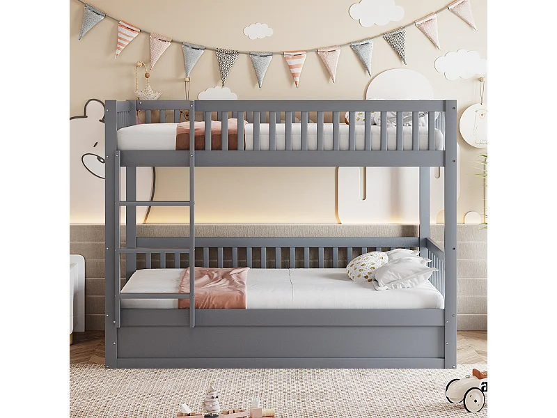 Lit superposé enfant 90x200 cm, bois massif, système de rangement hydraulique, lit robuste et durable pour enfants, gris