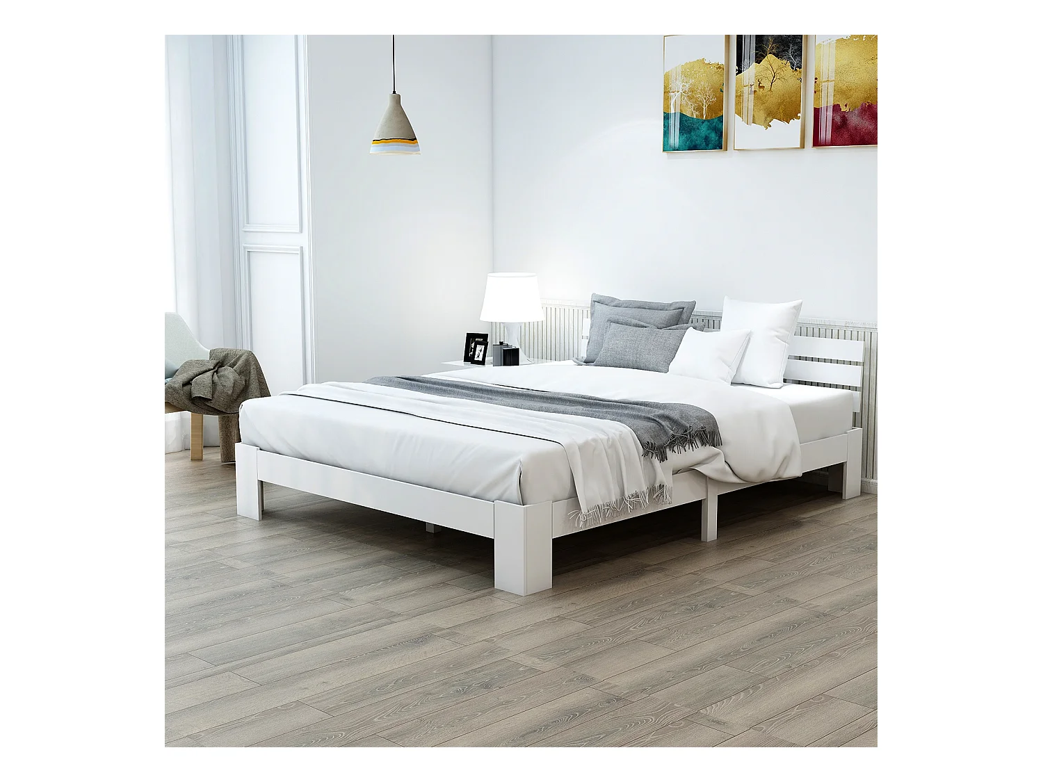 Lit double en bois massif 140×200 cm avec tête de lit et sommier, cadre en pin naturel, solide et durable