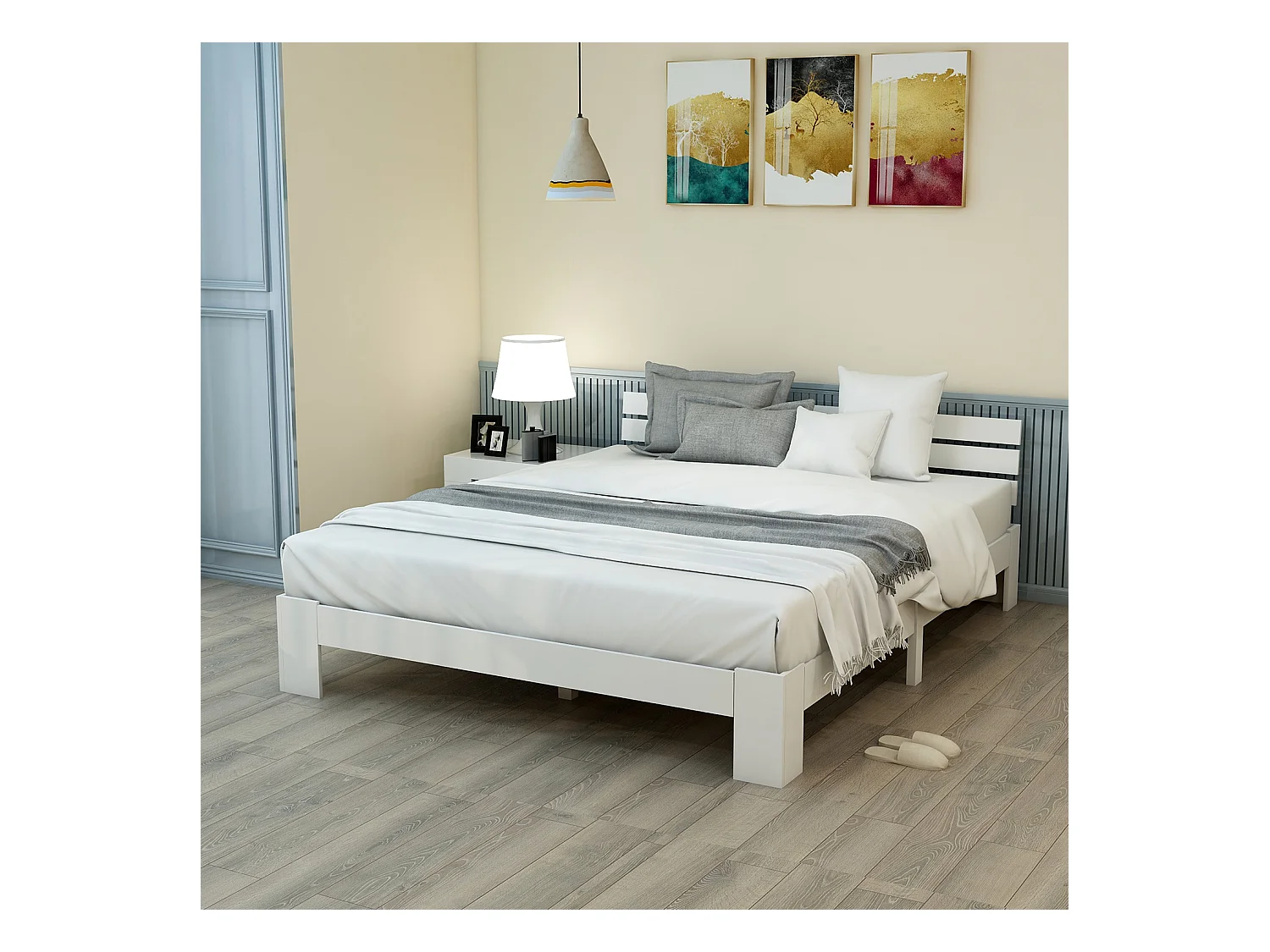 Lit double en bois massif 140×200 cm avec tête de lit et sommier, cadre en pin naturel, solide et durable