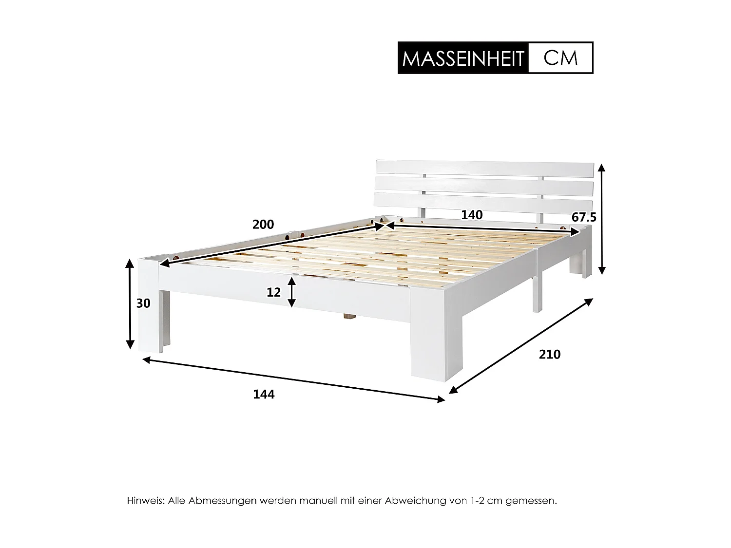 Lit double en bois massif 140×200 cm avec tête de lit et sommier, cadre en pin naturel, solide et durable