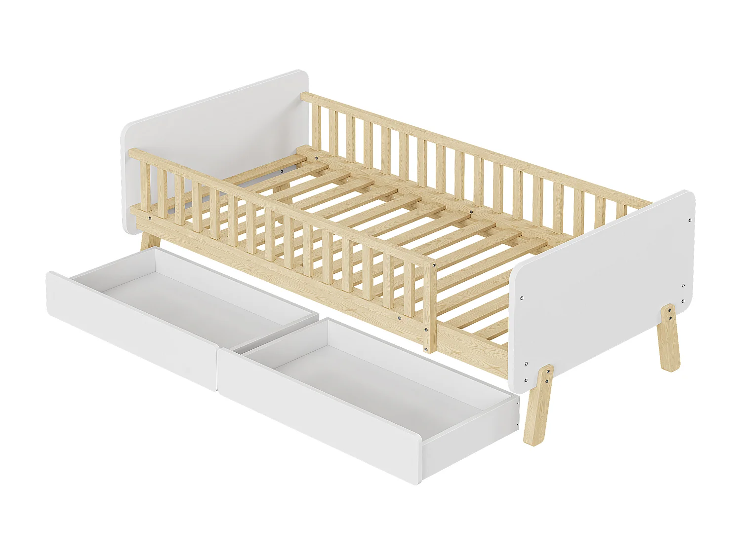 Lit enfant 90x190 cm, avec 2 tiroirs, lit simple en bois massif, lattenrost, blanc