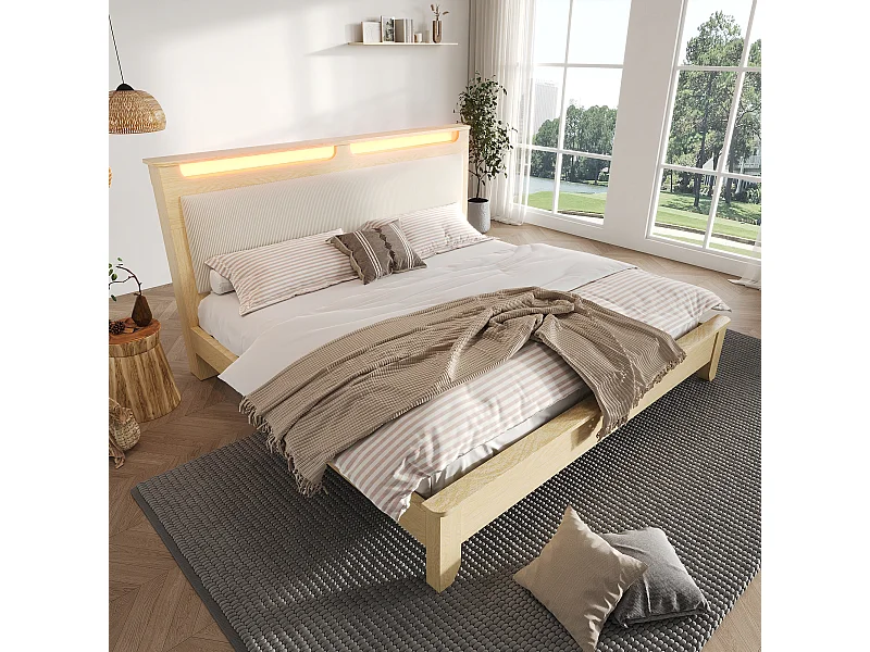 Lit double en bois 180×200 cm avec tête de lit à rangement, LED et dossier en velours côtelé beige, chêne clair