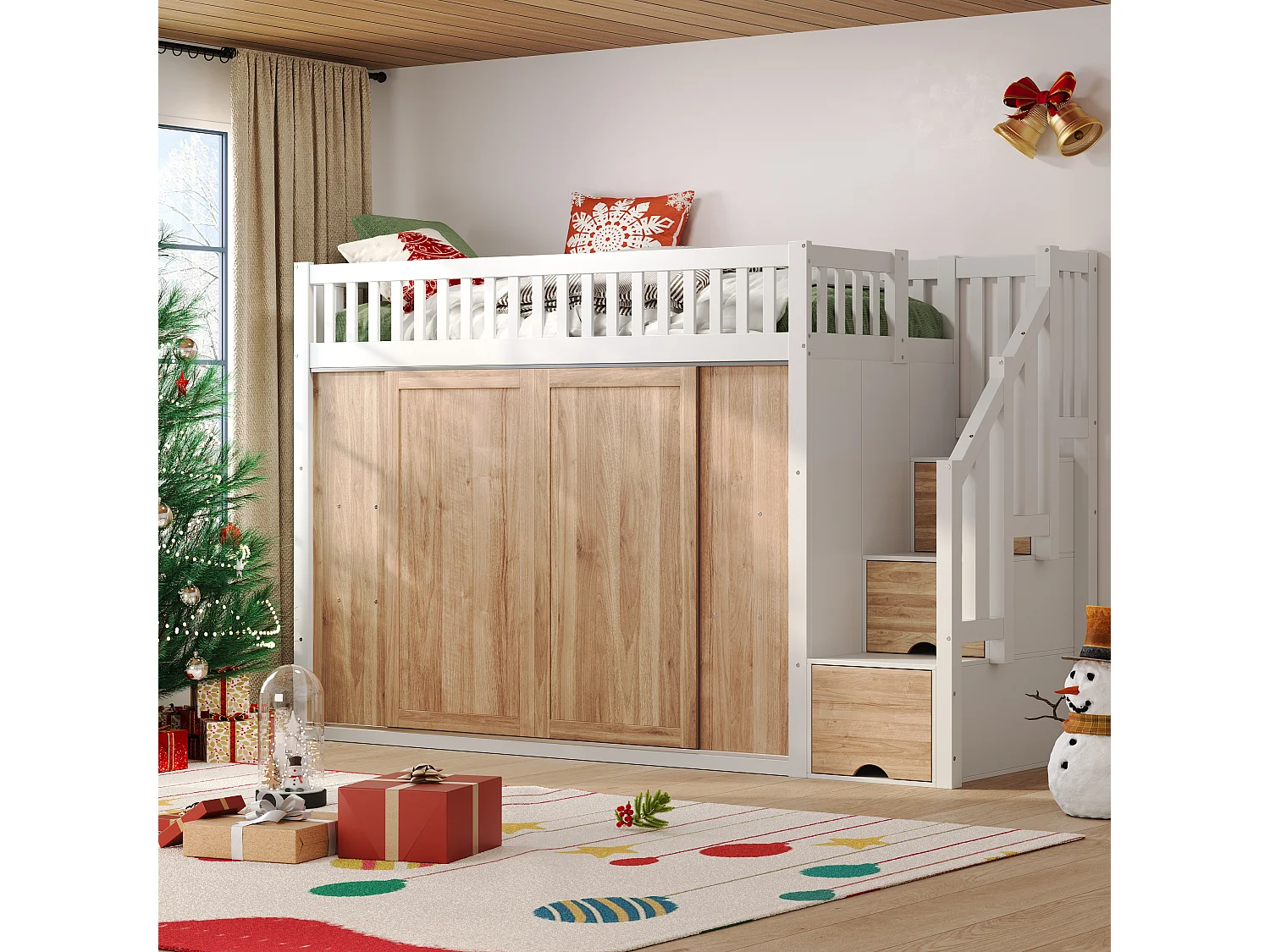 Lit mezzanine enfant 90×200 cm blanc et chêne, avec armoire, escalier rangement et bande lumineuse colorée, sans matelas