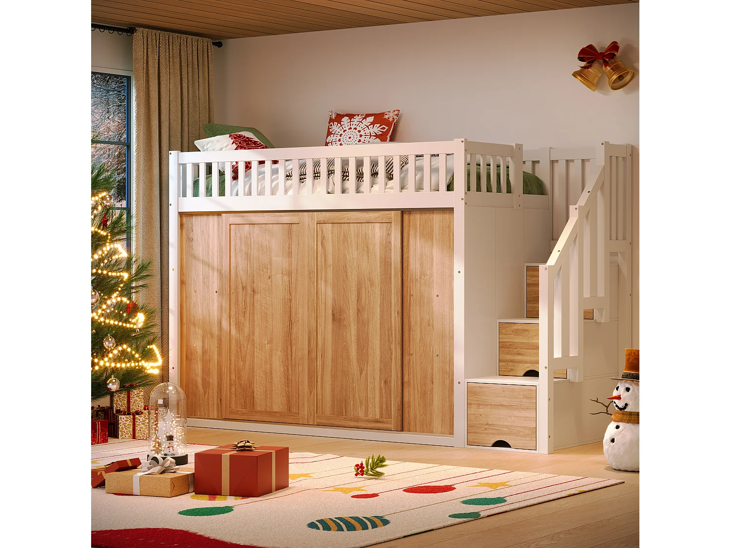 Lit mezzanine enfant 90×200 cm blanc et chêne, avec armoire, escalier rangement et bande lumineuse colorée, sans matelas