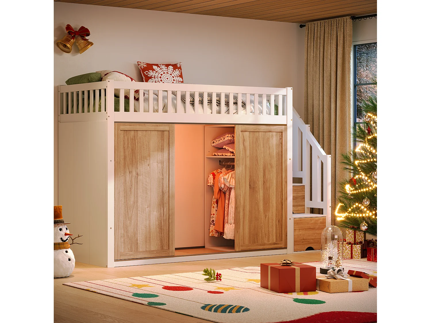 Lit mezzanine enfant 90×200 cm blanc et chêne, avec armoire, escalier rangement et bande lumineuse colorée, sans matelas