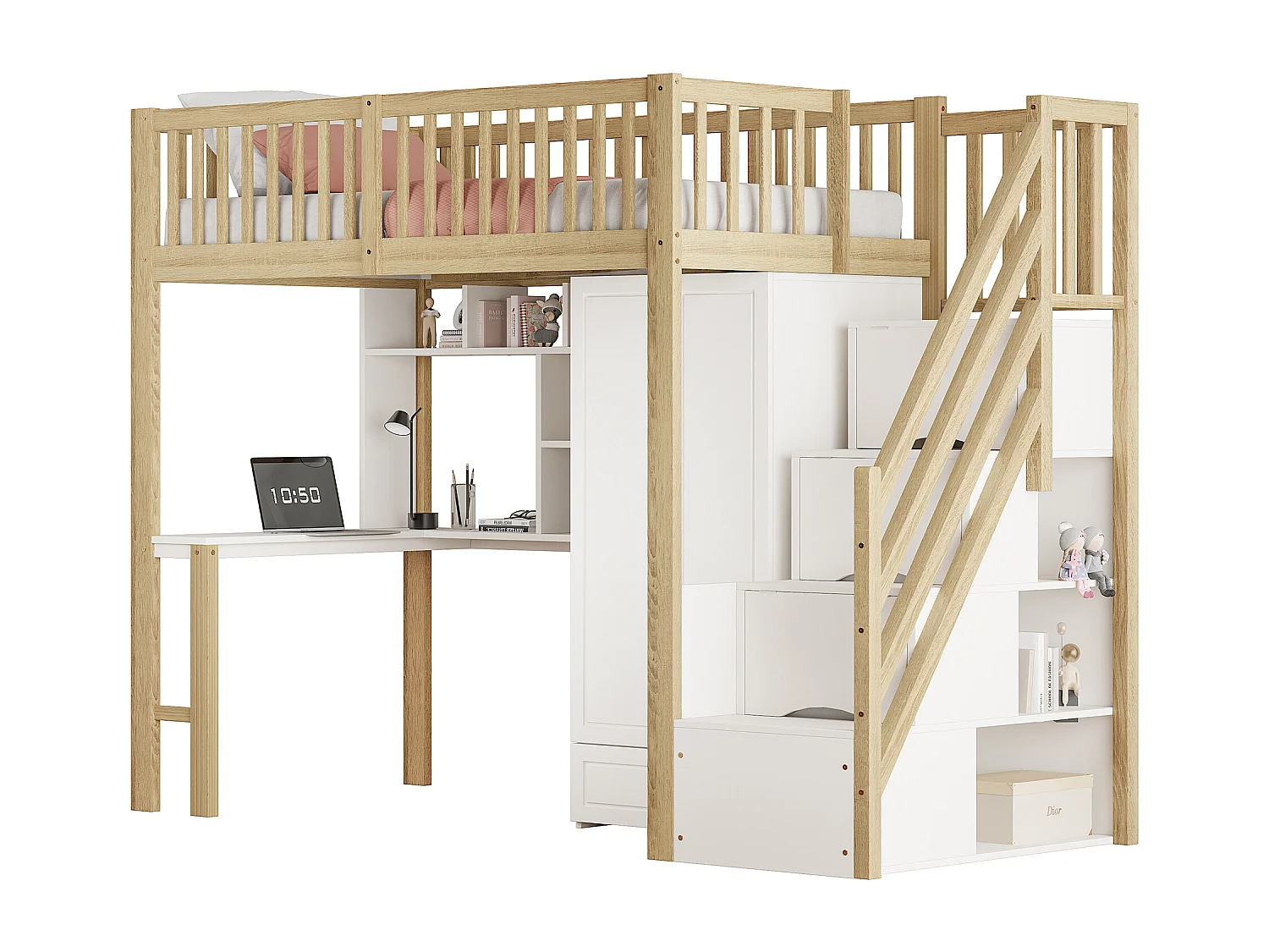 Lit mezzanine 90x200 cm avec dressing, bureau et escalier de rangement, structure en bois naturel