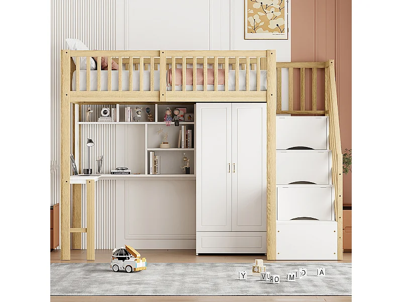 Lit mezzanine 90x200 cm avec dressing, bureau et escalier de rangement, structure en bois naturel