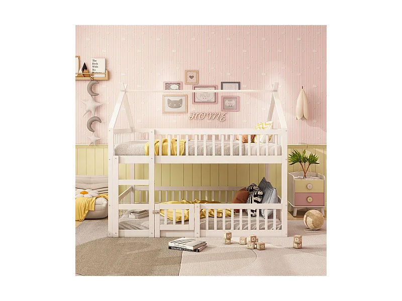 Lit superposé enfant 140x200 cm blanc, lit familial avec escalier, design loft moderne, cadre en bois massif