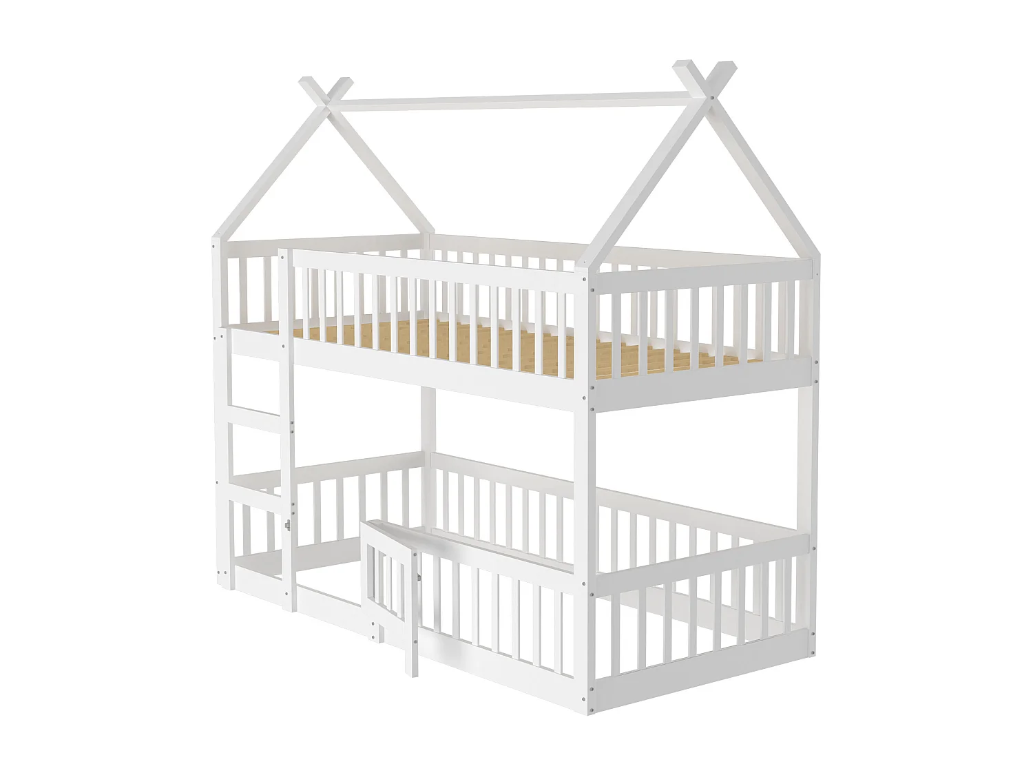 Lit superposé enfant 90x200 cm blanc, lit familial avec escalier, design loft, cadre en bois massif robuste