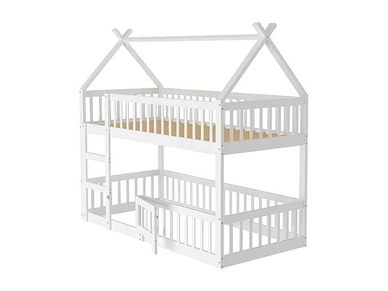 Lit superposé enfant 90x200 cm blanc, lit familial avec escalier, design loft, cadre en bois massif robuste