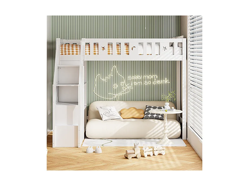 Lit mezzanine 90x200 cm avec échelle de rangement et étagères, lit en bois massif, blanc