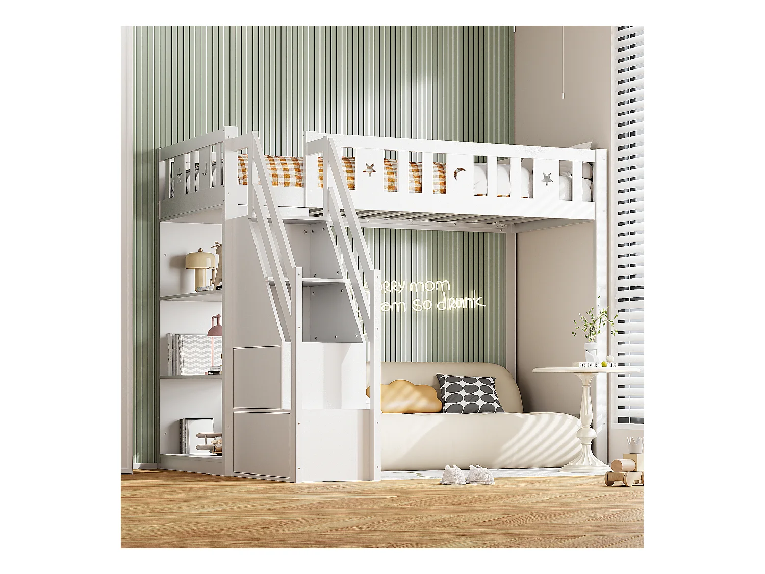 Lit mezzanine 90x200 cm avec échelle de rangement et étagères, lit en bois massif, blanc