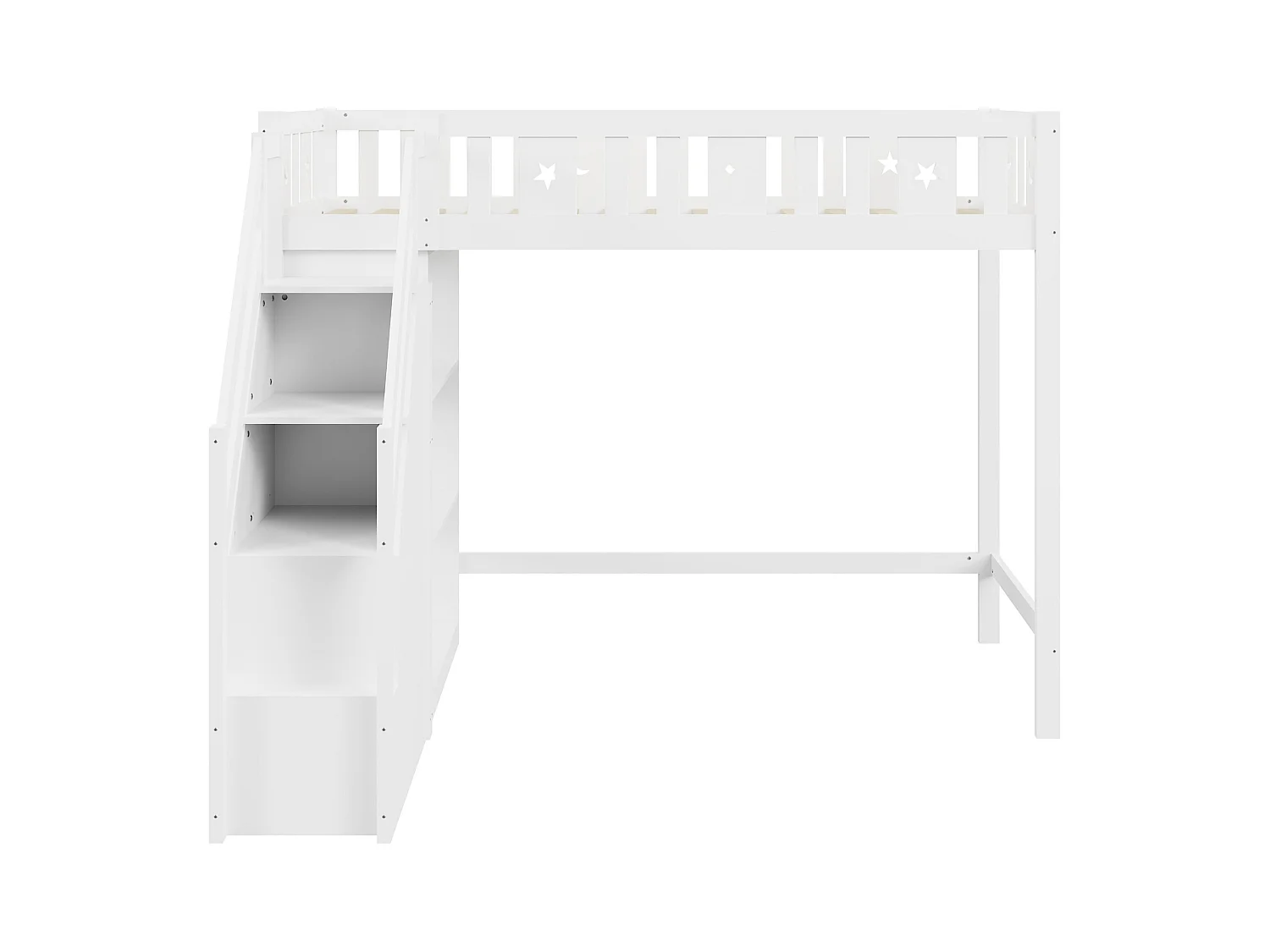 Lit mezzanine 90x200 cm avec échelle de rangement et étagères, lit en bois massif, blanc