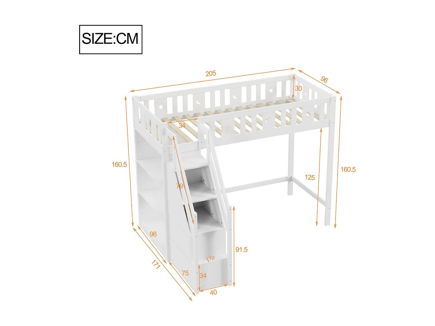 Lit mezzanine 90x200 cm avec échelle de rangement et étagères, lit en bois massif, blanc