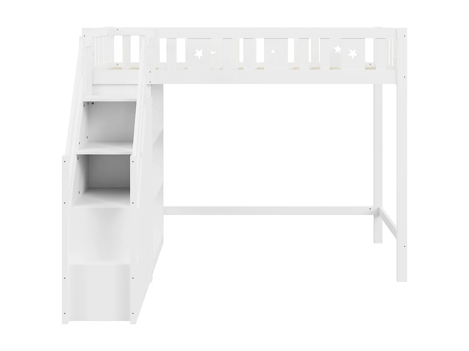 Lit mezzanine 90x200 cm avec échelle de rangement et étagères, lit en bois massif, blanc
