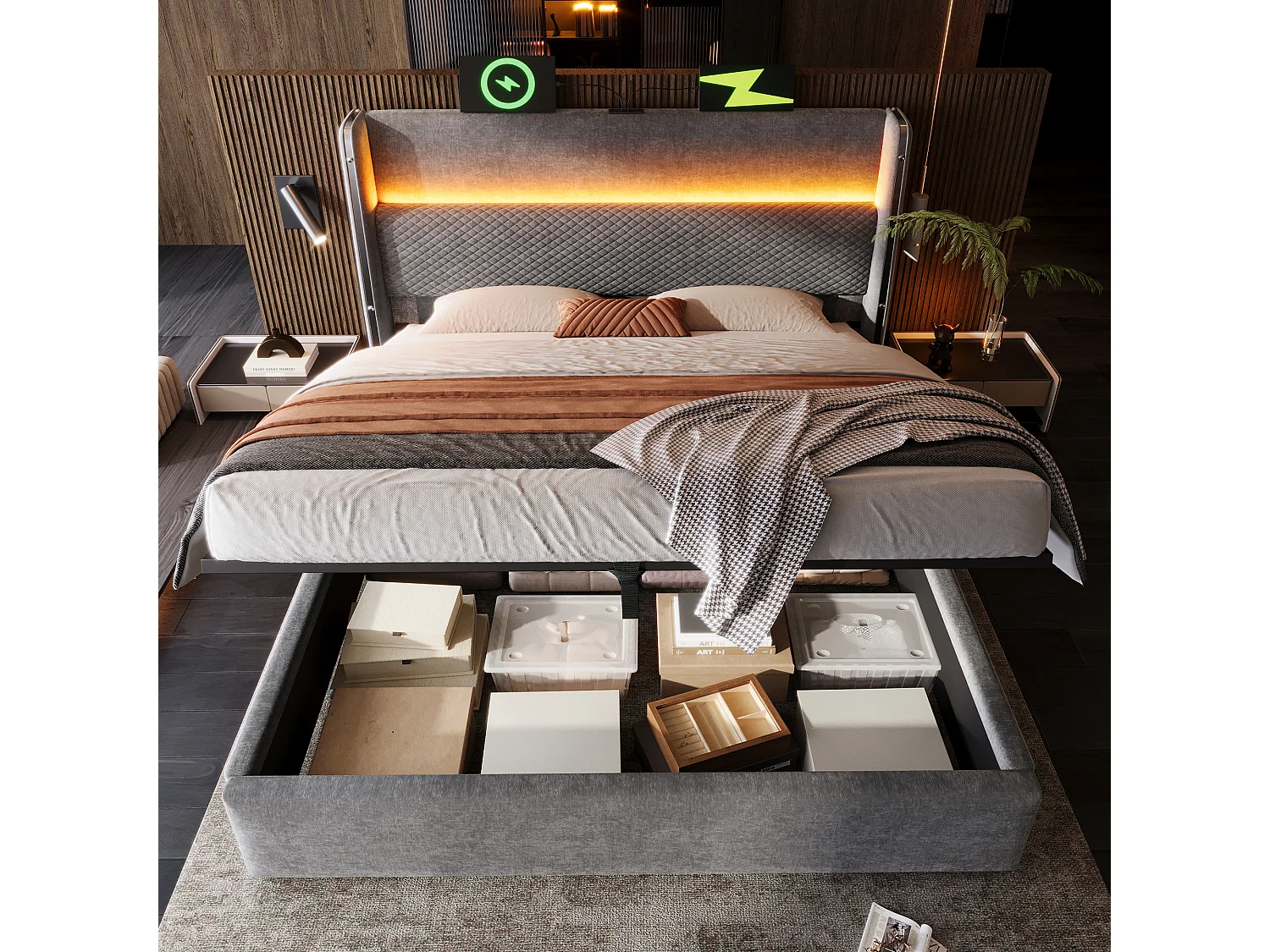 Lit à rangement hydraulique 180x200 cm avec tête haute, LED, USB/Type-C, tissu lin gris (Avec matelas)