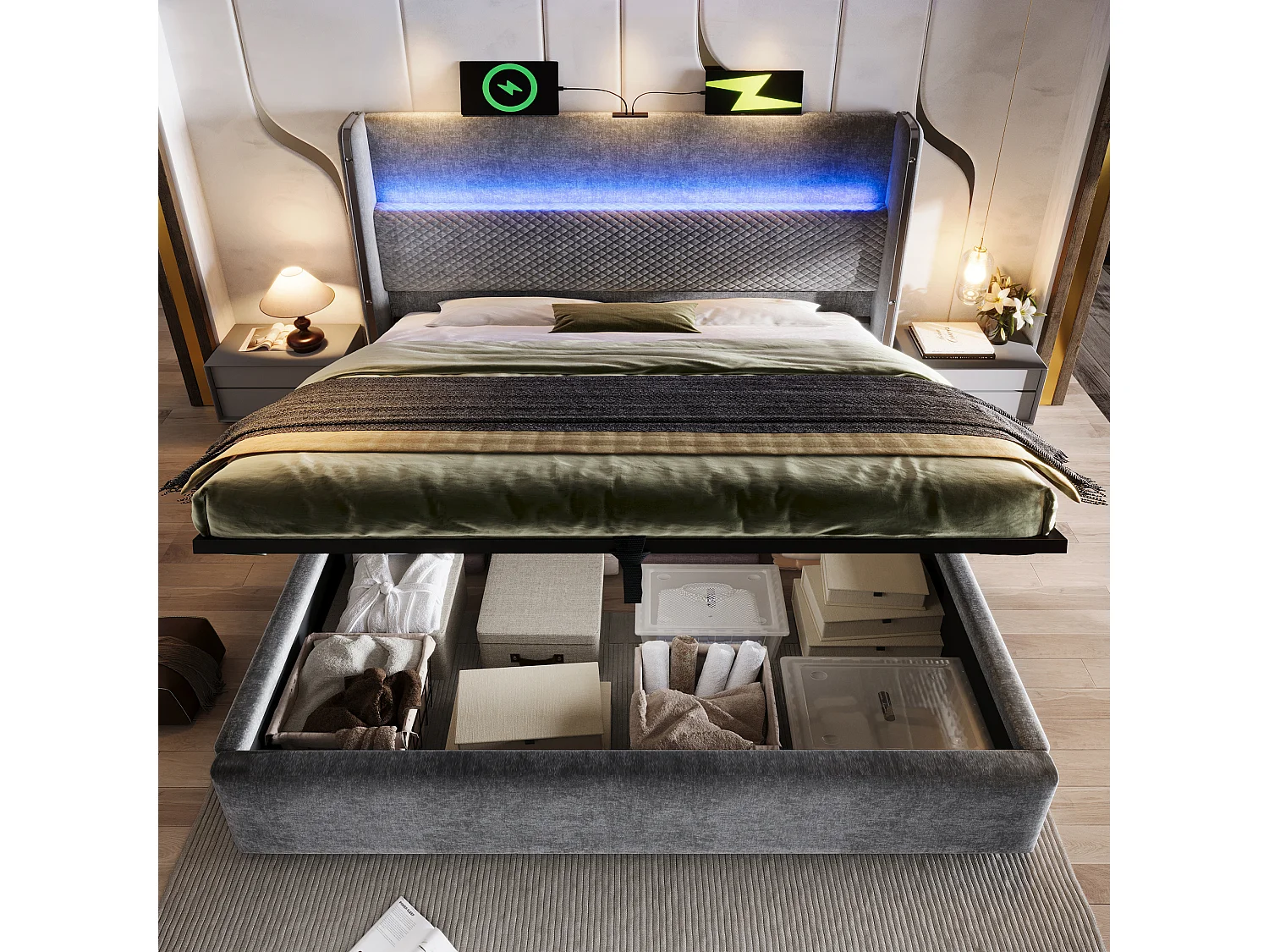 Lit à rangement hydraulique 180x200 cm avec tête haute, LED, USB/Type-C, tissu lin gris (Avec matelas)