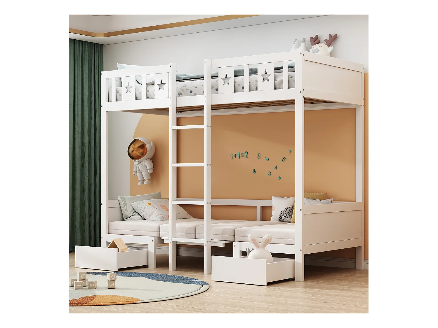 Lit mezzanine 90x200 cm, lit/bureau 2 en 1, matelassé, 2 grands tiroirs, cadre avec échelle, bois, blanc