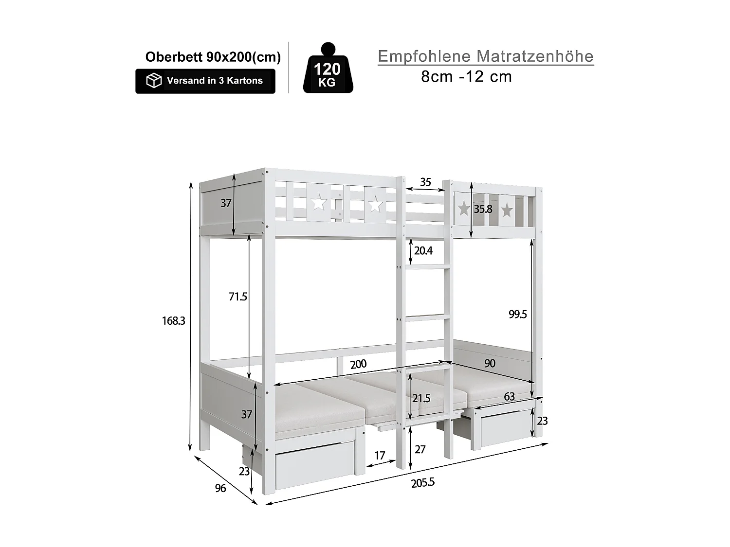 Lit mezzanine 90x200 cm, lit/bureau 2 en 1, matelassé, 2 grands tiroirs, cadre avec échelle, bois, blanc