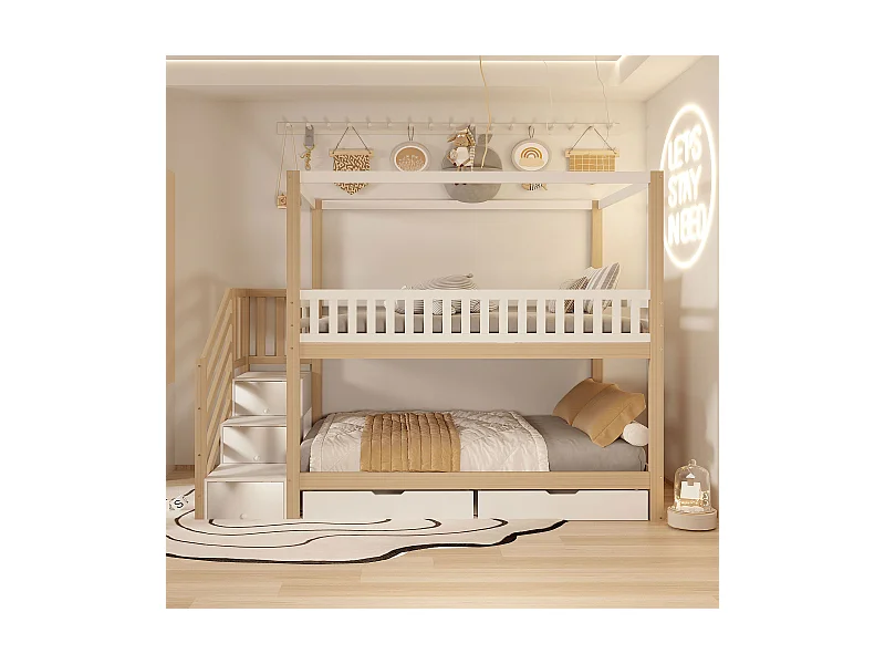 Lit superposé enfant 90x200 cm, lit double bois massif, forme maison, garde-corps sécurité, rangements et échelle, blanc et bois naturel, mixte