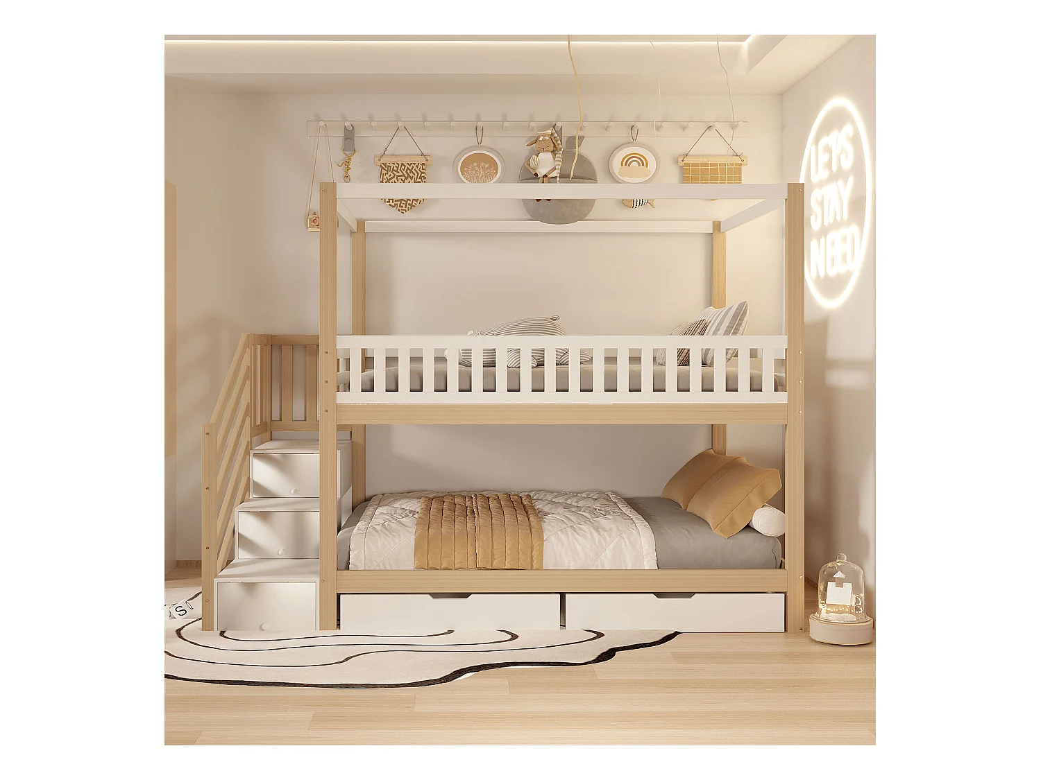 Lit superposé enfant 90x200 cm, lit double bois massif, forme maison, garde-corps sécurité, rangements et échelle, blanc et bois naturel, mixte