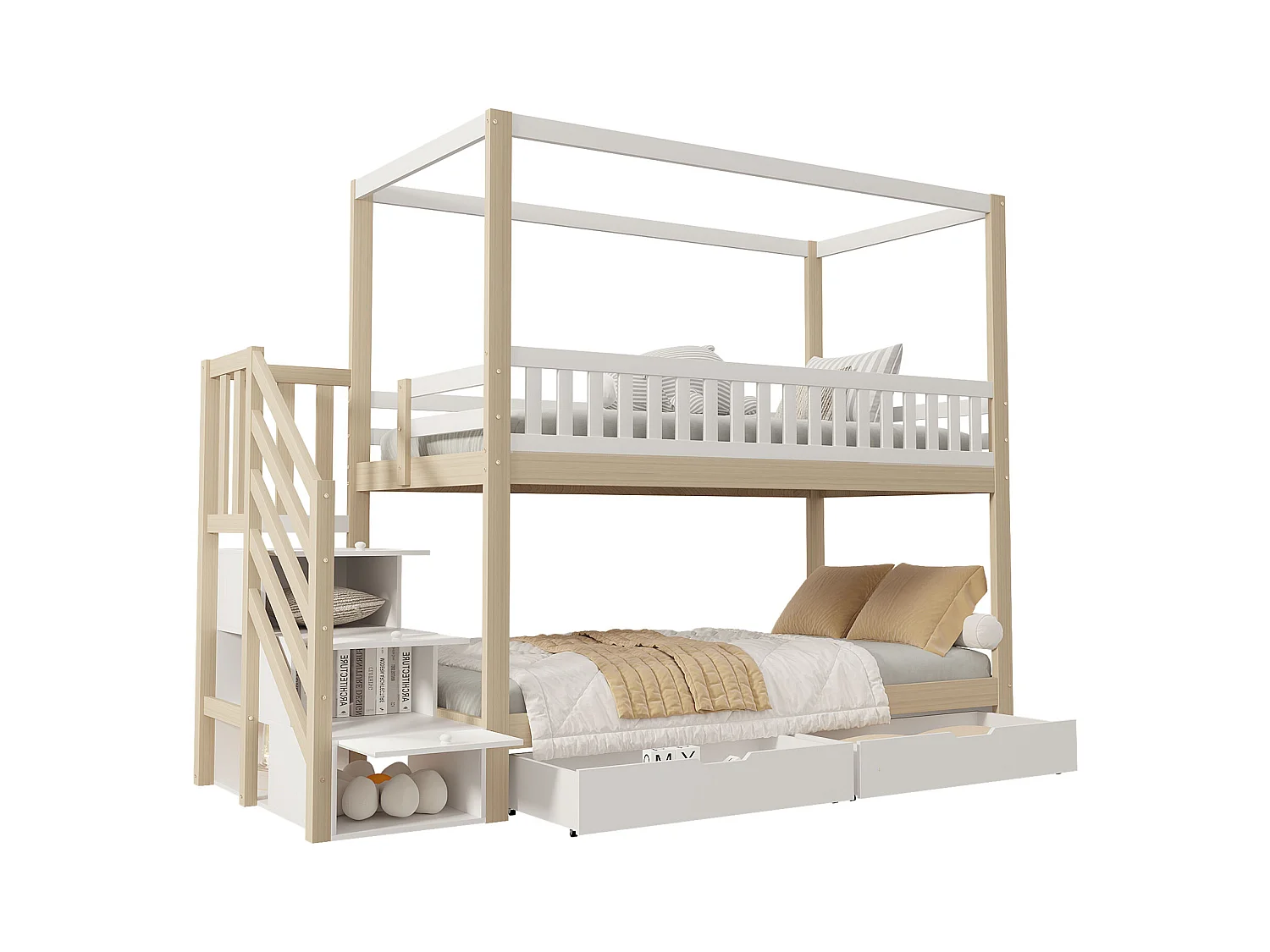 Lit superposé enfant 90x200 cm, lit double bois massif, forme maison, garde-corps sécurité, rangements et échelle, blanc et bois naturel, mixte