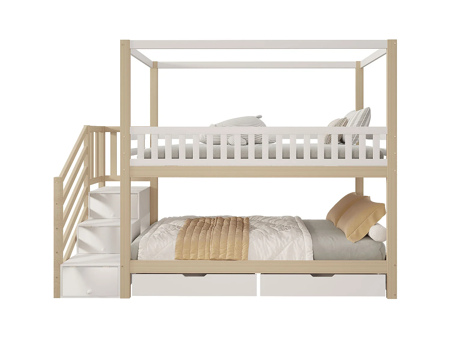 Lit superposé enfant 90x200 cm, lit double bois massif, forme maison, garde-corps sécurité, rangements et échelle, blanc et bois naturel, mixte