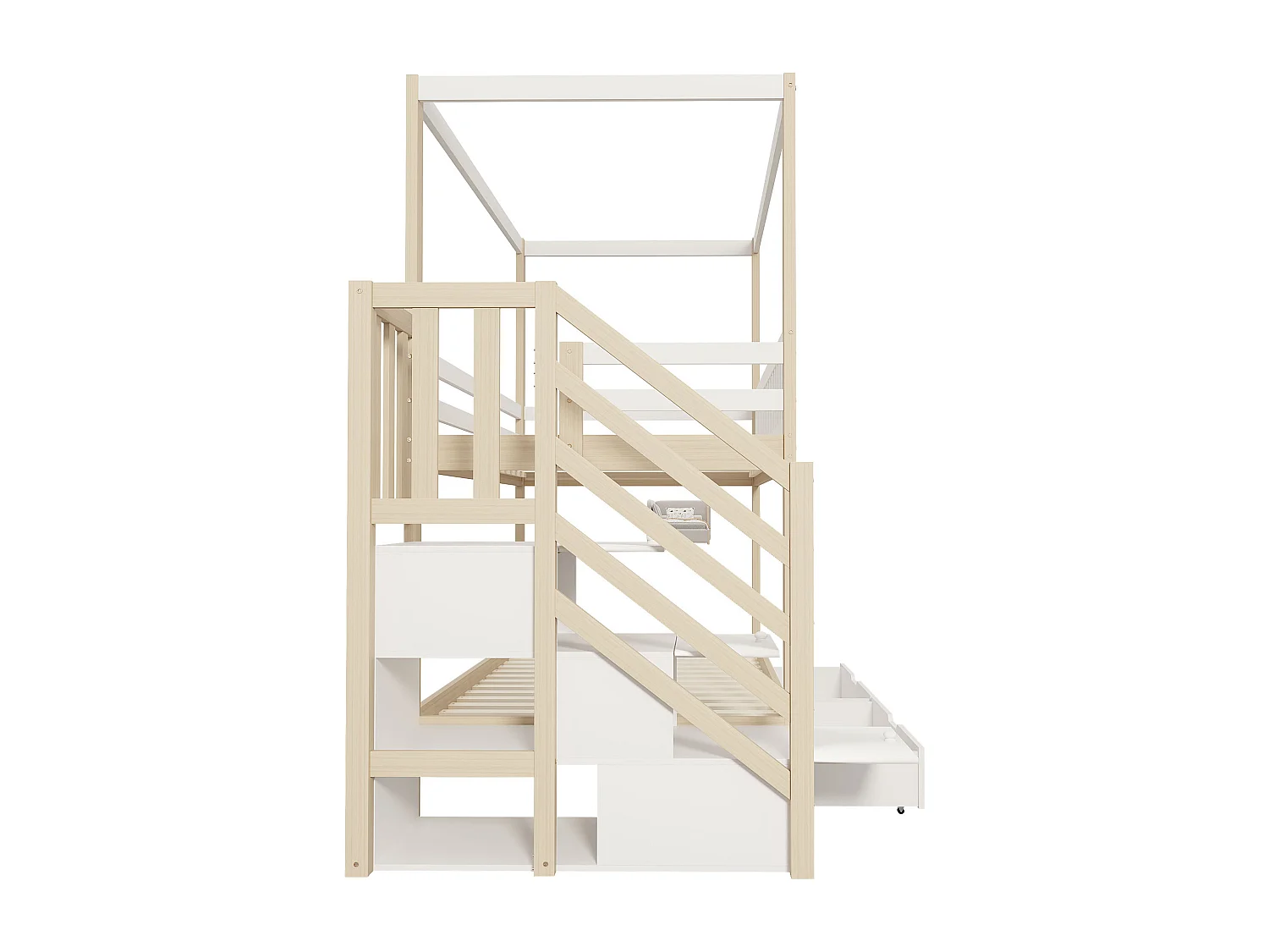 Lit superposé enfant 90x200 cm, lit double bois massif, forme maison, garde-corps sécurité, rangements et échelle, blanc et bois naturel, mixte