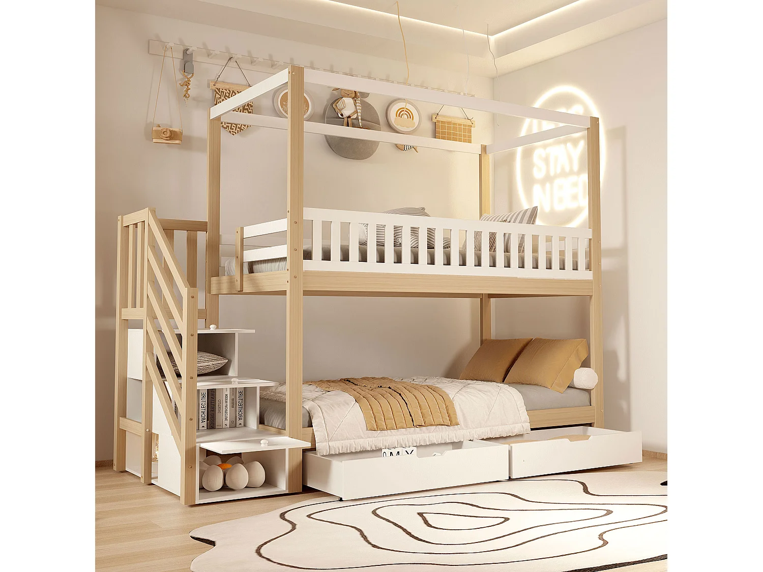 Lit superposé enfant 90x200 cm, lit double bois massif, forme maison, garde-corps sécurité, rangements et échelle, blanc et bois naturel, mixte