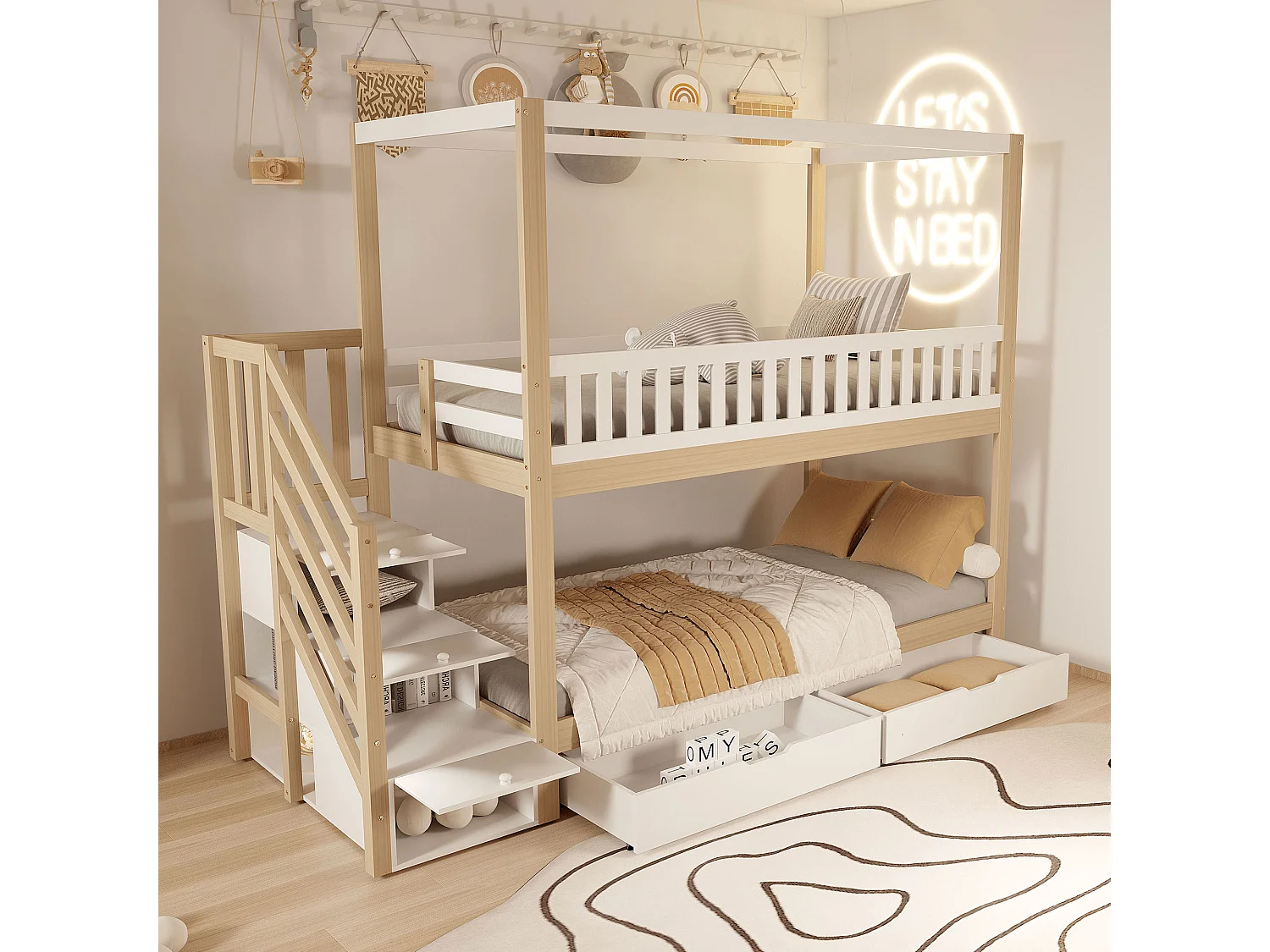 Lit superposé enfant 90x200 cm, lit double bois massif, forme maison, garde-corps sécurité, rangements et échelle, blanc et bois naturel, mixte
