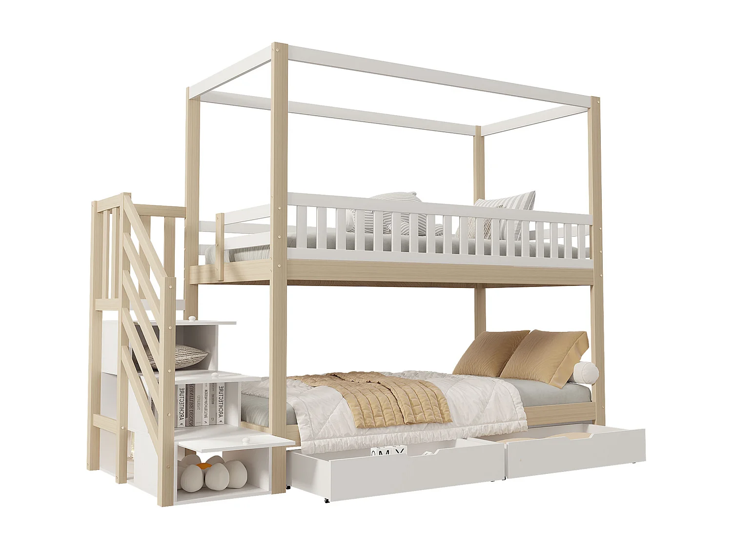 Lit superposé enfant 90x200 cm, lit double bois massif, forme maison, garde-corps sécurité, rangements et échelle, blanc et bois naturel, mixte